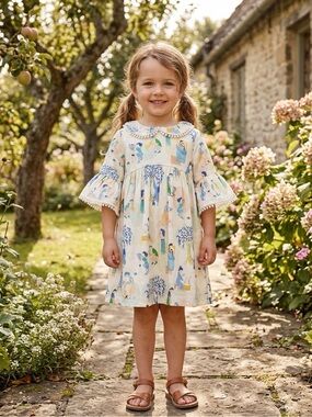 Fábula - Kids Floral Storyprint Cotton Dress in Cream and Blue